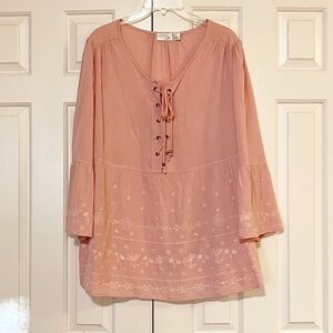 Walmart Time & Tru Pink Blush Lace-Up Embroidered Flowy Peasant Blouse Tunic XXL